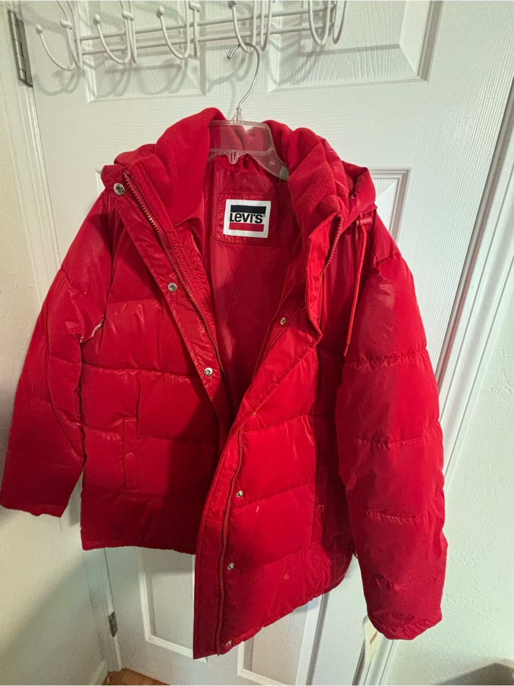 NWT Levi's Red Quilted Hooded Quilted Bubble Puffer Jacket Suze Large orig $200